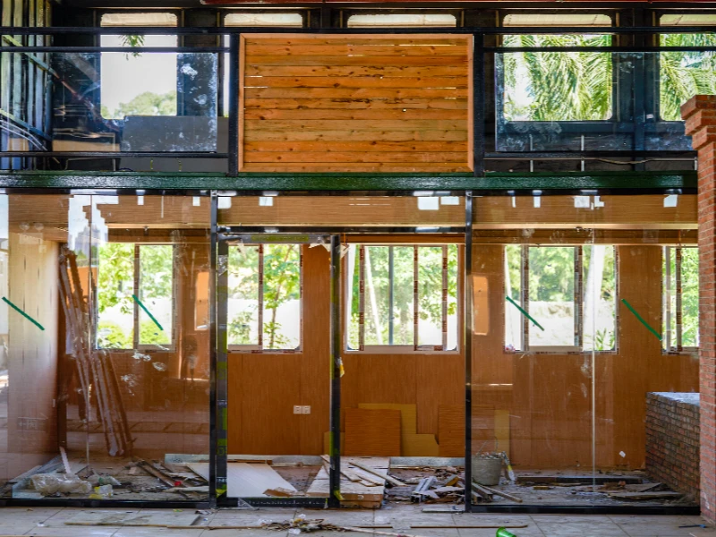 Interior view of a building under construction with glass walls and wooden paneling. disaster reconstruction services