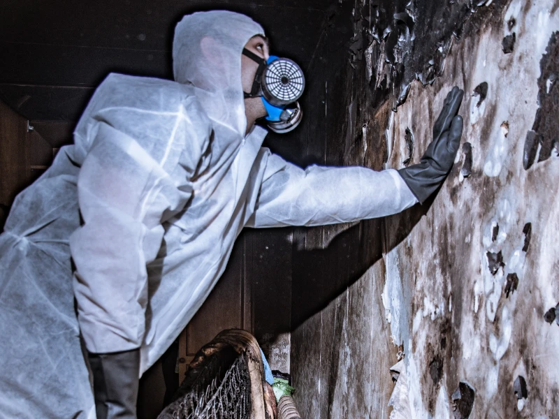 Person in protective suit and mask inspecting moldy, damaged wall. contents restoration services