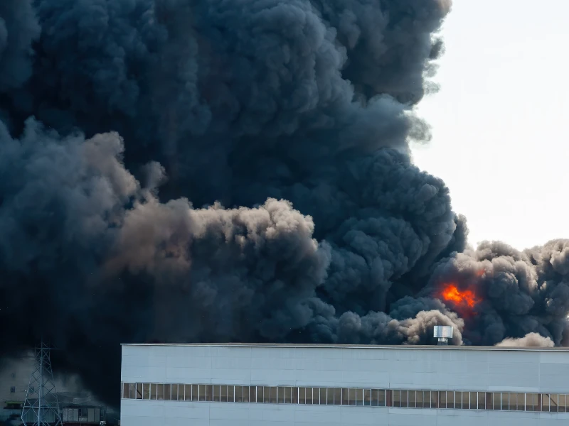 Thick black smoke and flames billow from a fire behind a large industrial building. smoke damage restoration