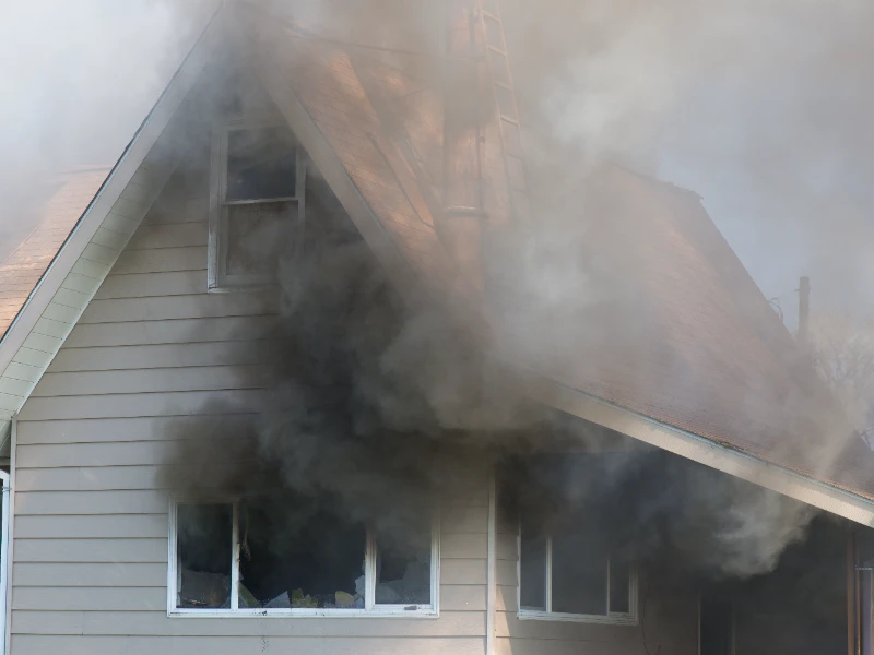 Smoke billowing from the windows and roof of a house on fire. smoke damage restoration