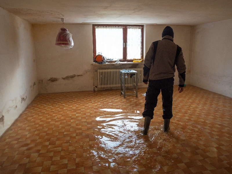 Person wearing boots standing in a flooded room with water on the tiled floor waiting for emergency water damage cleanup