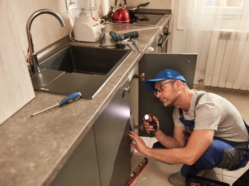 A plumber in a blue cap and overalls inspecting under a kitchen sink with a flashlight.