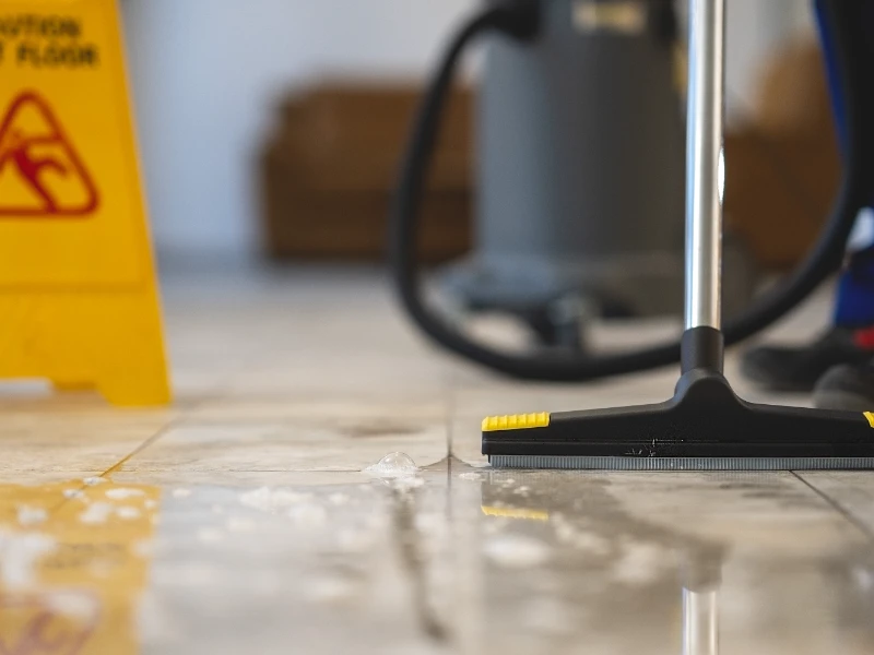 A floor squeegee cleaning water from a tiled floor near a caution wet floor sign. with emergency water removal services on the way