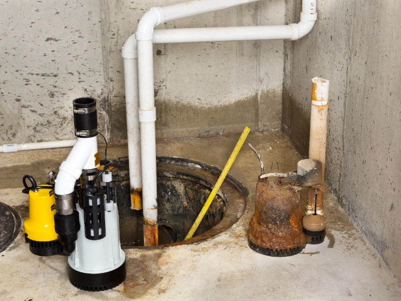 Two sump pumps, one new and one rusty old, installed near a sump pit with white pipes in a concrete basement. sewage backup cleanup