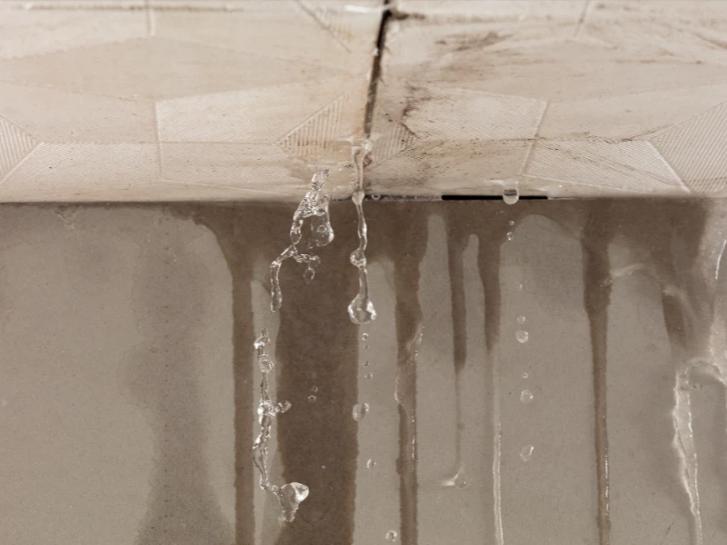 emergency water damage cleanup while water leaking and dripping from a ceiling with visible water stains.