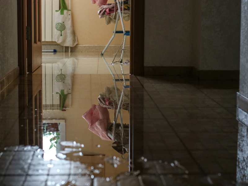 Water puddle on tiled floor reflecting a hallway with a hanging bag and drying rack with clothes waiting for emergency water removal services