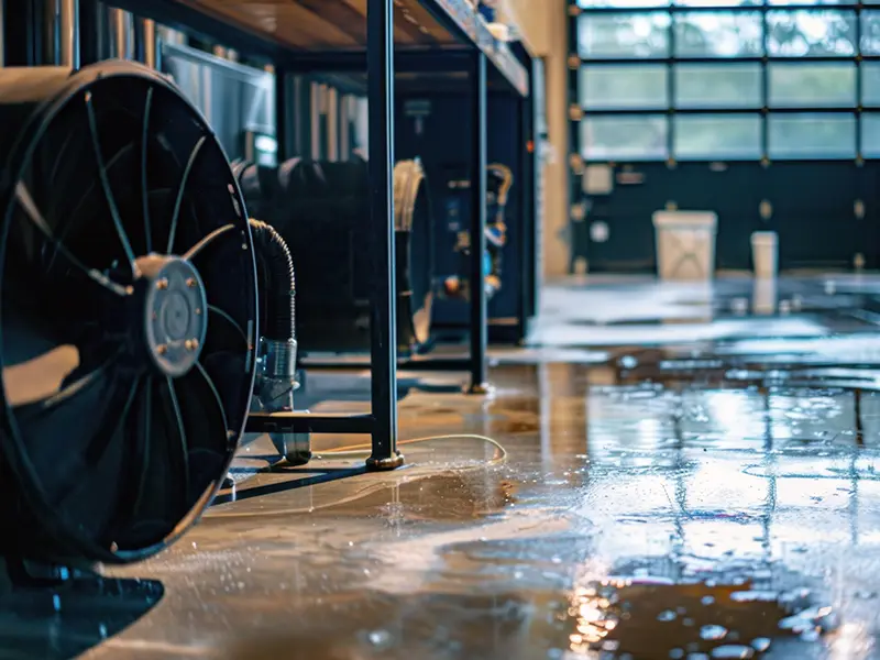 damage restoration services, wet concrete floor with large industrial fans drying it in a garage or workshop.